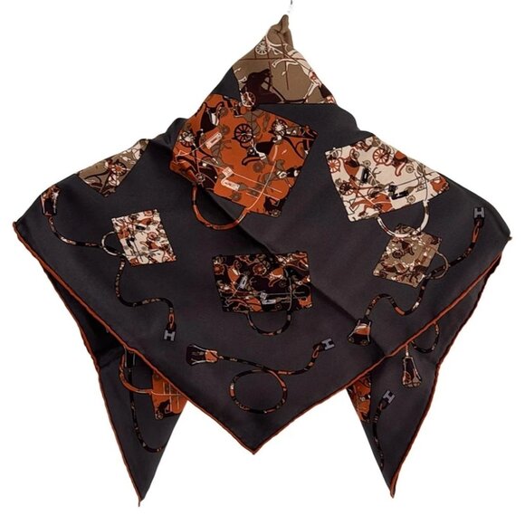 Auth HERMES Carre 70 - Dark Brown Orange Multi Scarf - Picture 2 of 4
